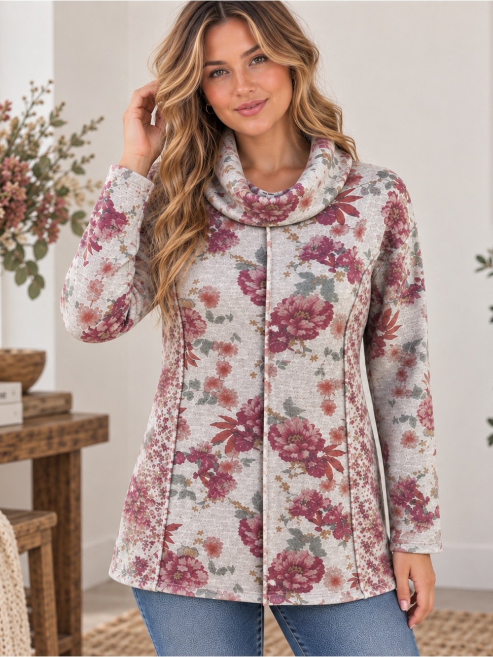 NWT One World Floral Cowl Neck Tunic Sweater Top Cottagecore XL